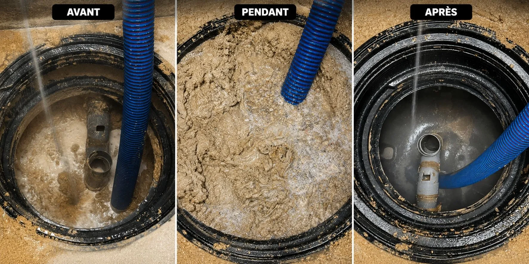 Avant / Pendant / Après : hydrocurage et nettoyage d'une fosse