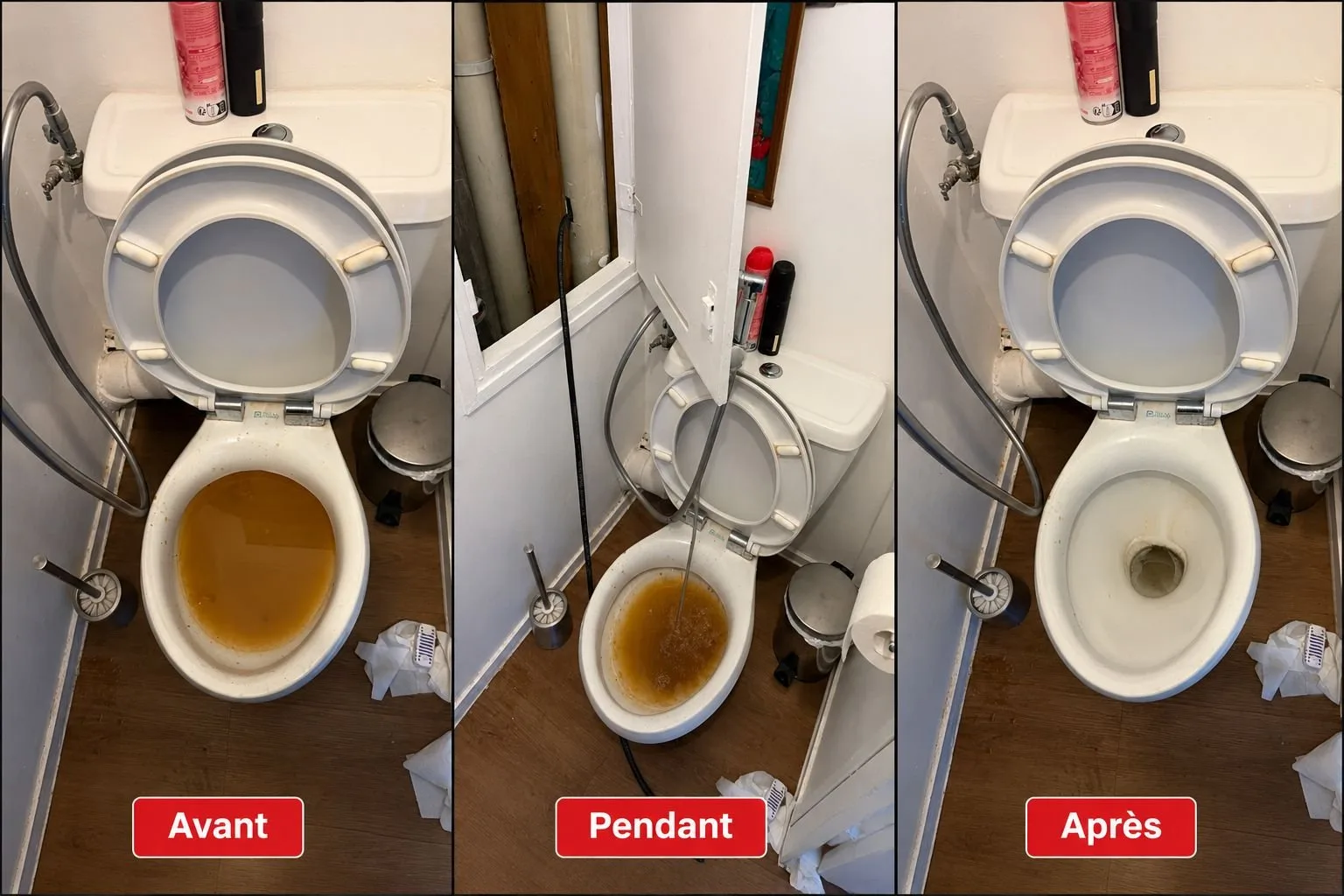 Avant / Pendant / Après : débouchage de WC
