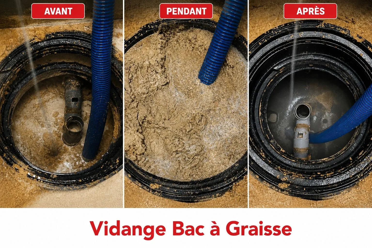Avant / Pendant / Après : vidange complète d'un bac à graisse